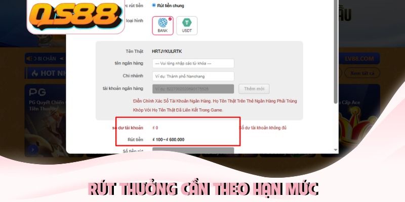 Rút thưởng cần theo hạn mức